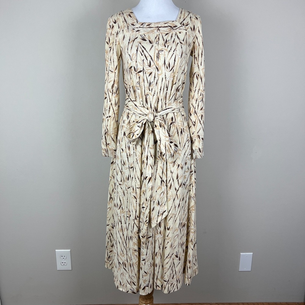 Vintage 70s Neiman Marcus Dress 6 Midi Bamboo Floral Belted A-Line Long Sleeve